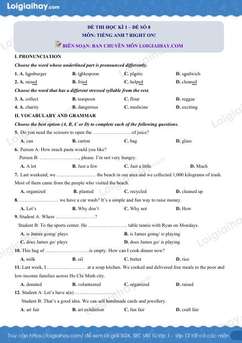 Đề thi học kì 1 Tiếng Anh 7 Right on! - Đề số 8